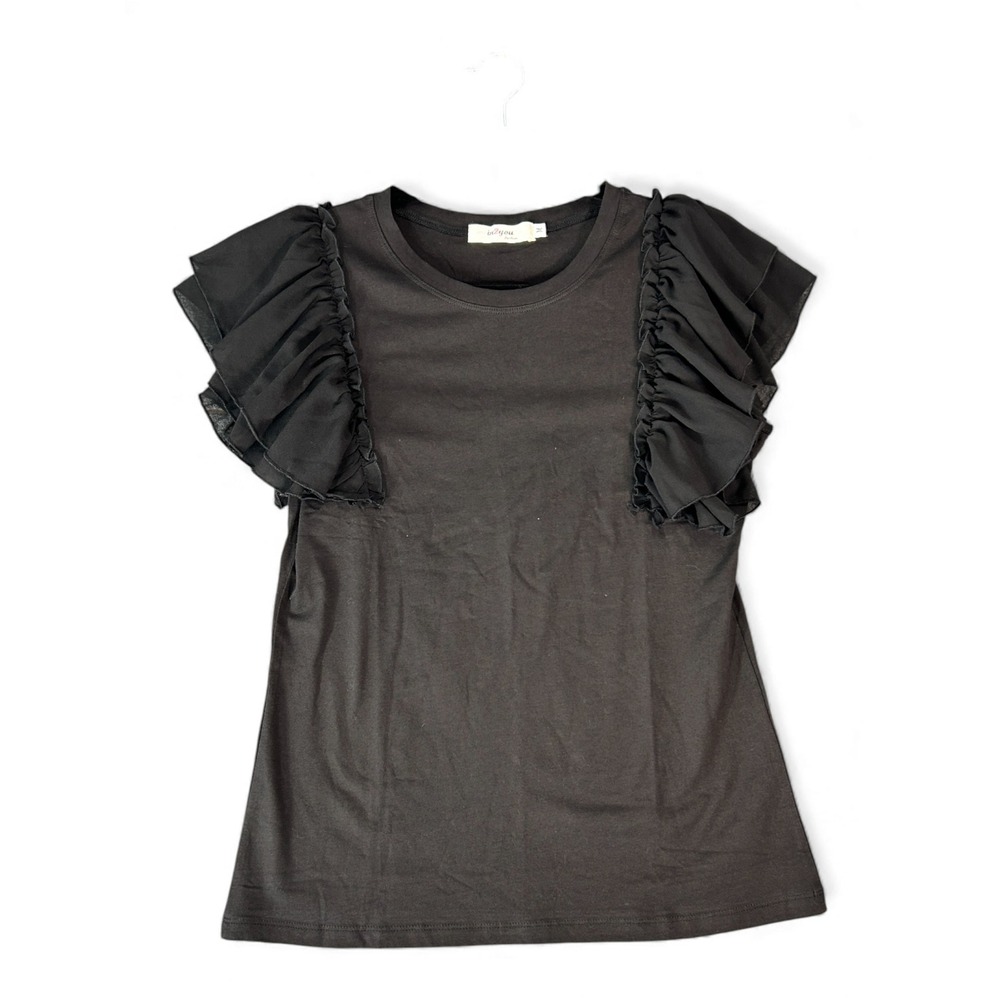 In2you‎ Women Black Ruffle Sleeve T Shirt Top Size Medium